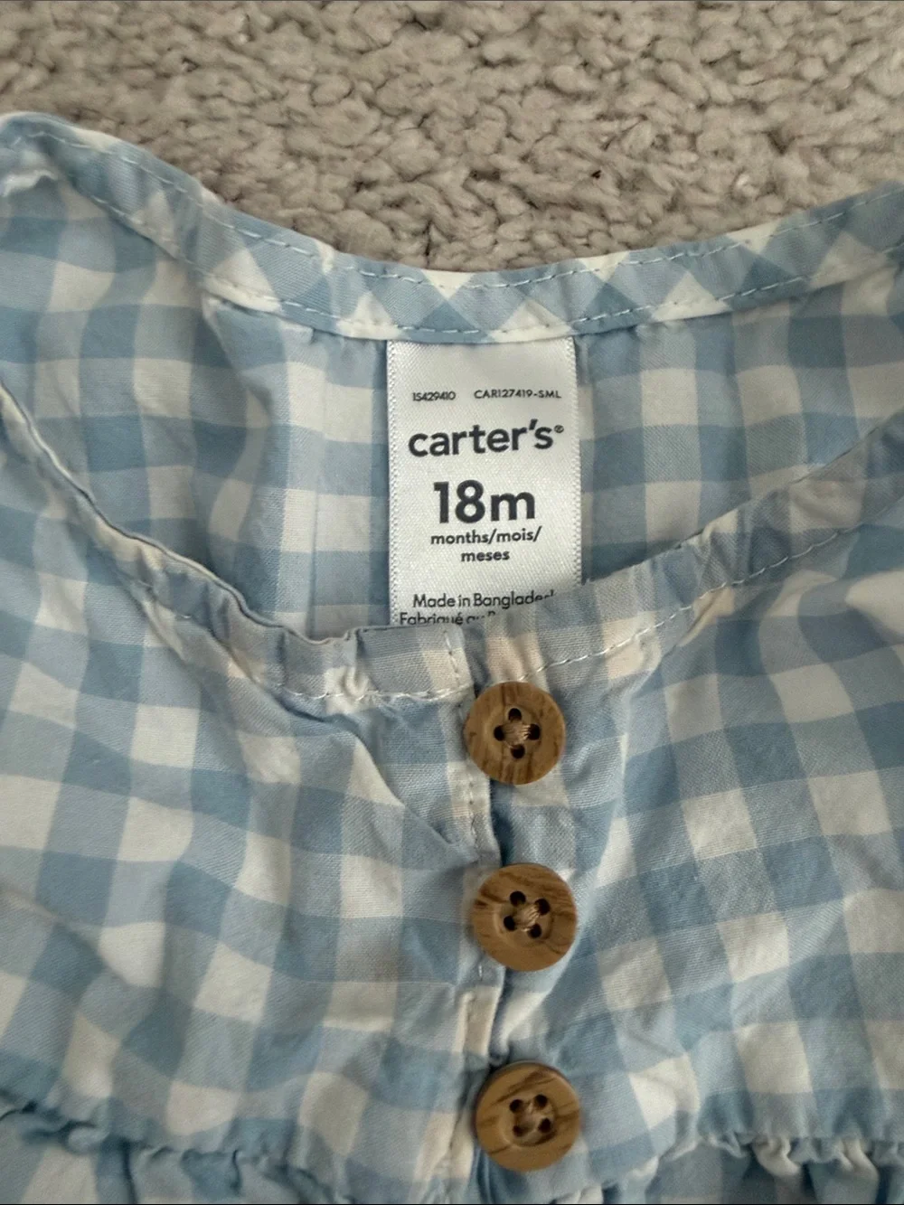 Carter's Light blue plaid two piece romper -18mon